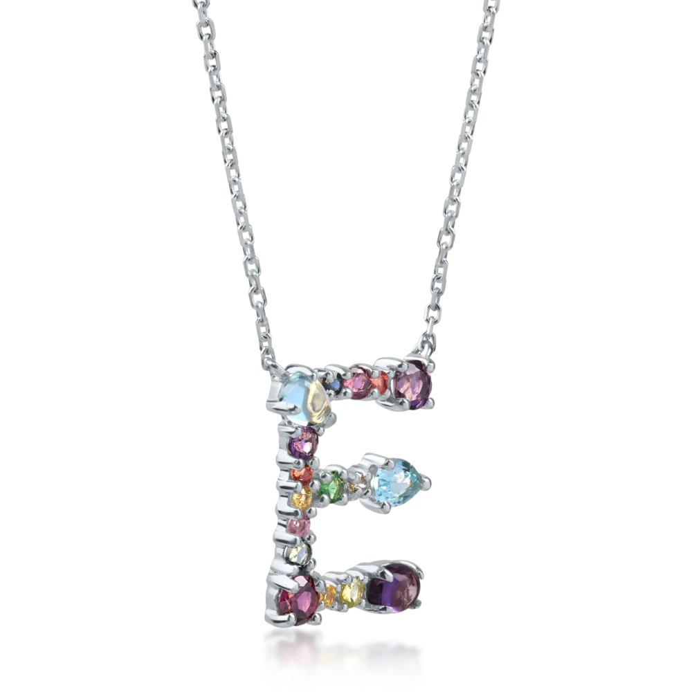 Lant cu pandantiv initiala E din aur alb cu pietre pretioase si semipretioase de 1.2ct - imagine 2