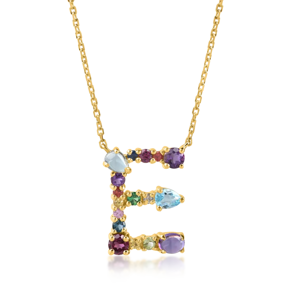 Lant cu pandantiv initiala E din aur galben cu pietre pretioase si semipretioase de 1.2ct
