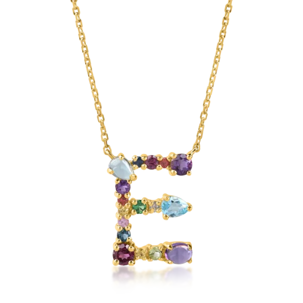 Lant cu pandantiv initiala E din aur galben cu pietre pretioase si semipretioase de 1.2ct
