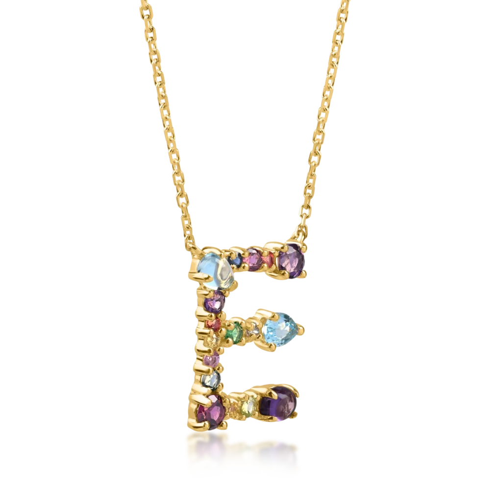 Lant cu pandantiv initiala E din aur galben cu pietre pretioase si semipretioase de 1.2ct - imagine 2