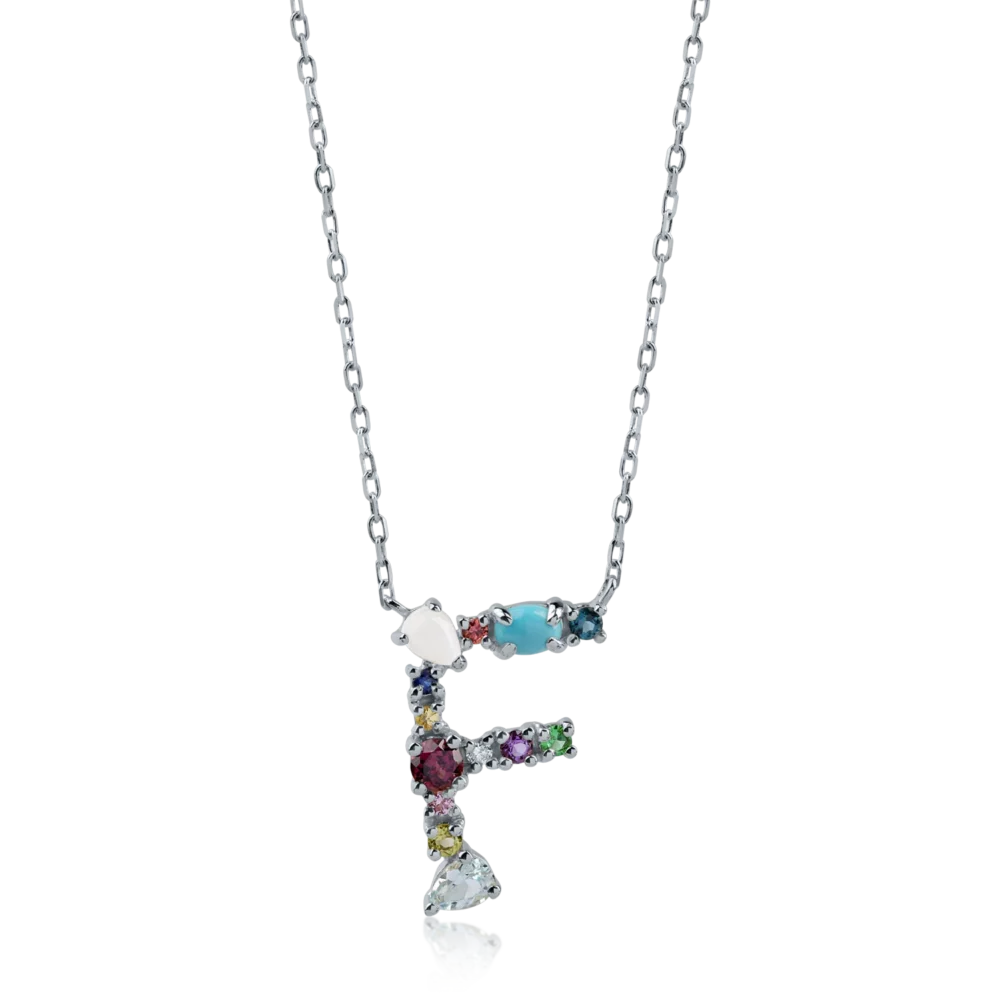 Lant cu pandantiv initiala F din aur alb cu pietre pretioase si semipretioase de 1.02ct