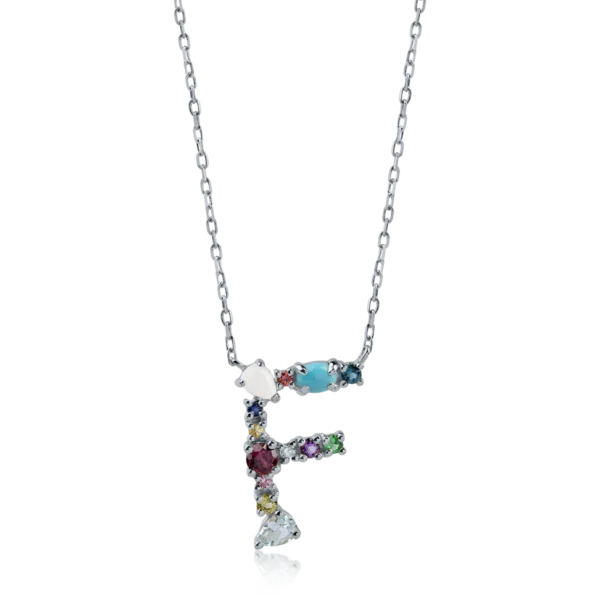 Lant cu pandantiv initiala F din aur alb cu pietre pretioase si semipretioase de 1.02ct