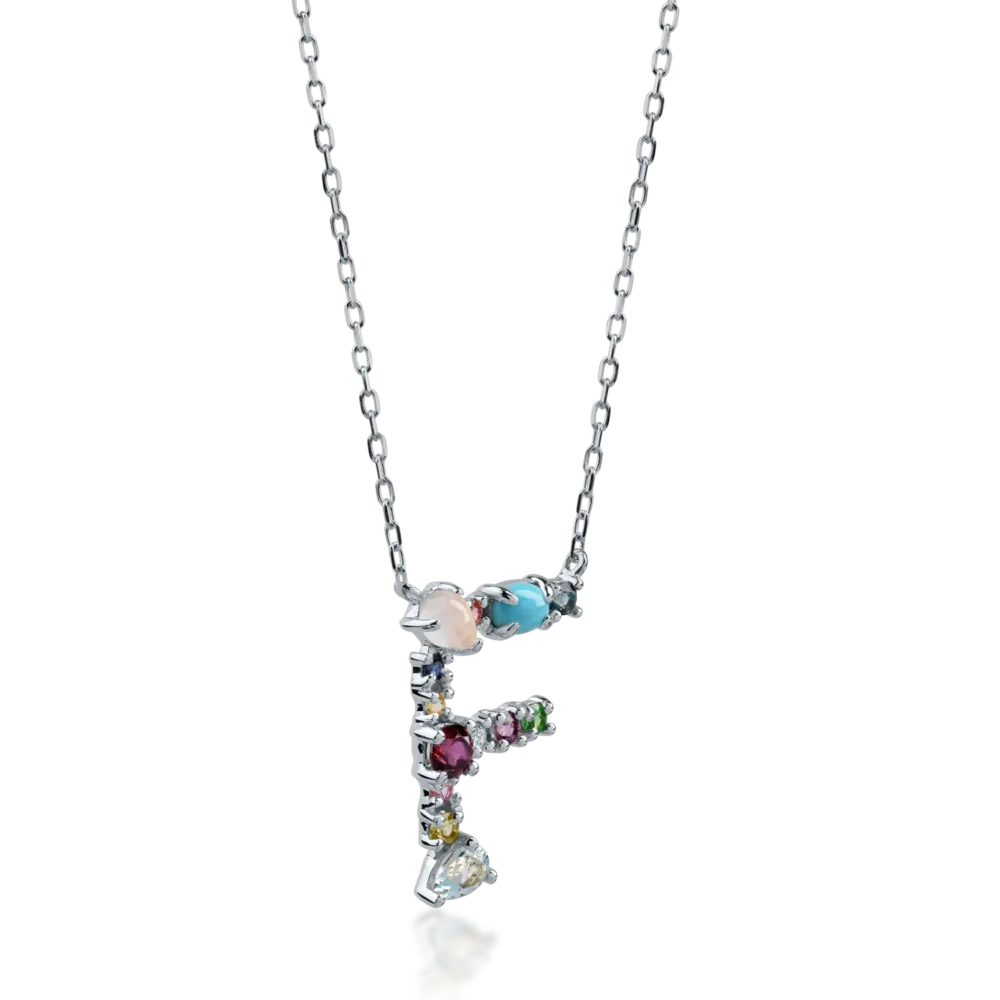 Lant cu pandantiv initiala F din aur alb cu pietre pretioase si semipretioase de 1.02ct - imagine 2