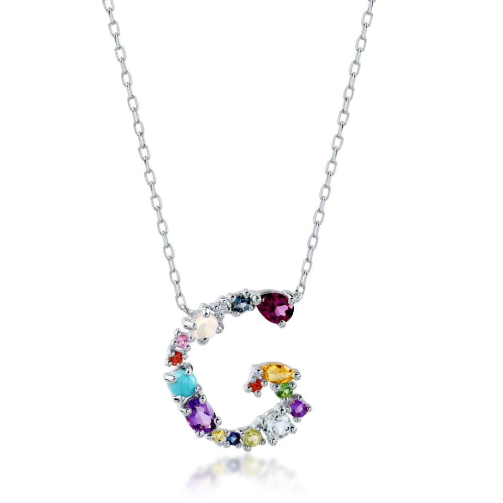 Lant cu pandantiv initiala G din aur alb cu pietre pretioase si semipretioase de 1.1ct