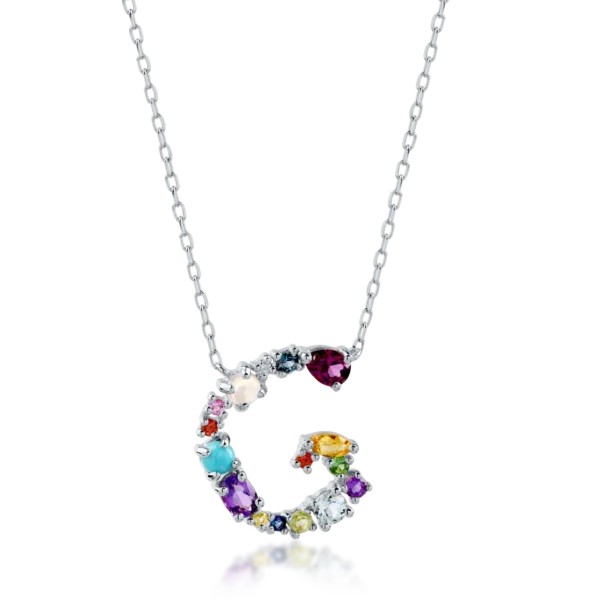 Lant cu pandantiv initiala G din aur alb cu pietre pretioase si semipretioase de 1.1ct