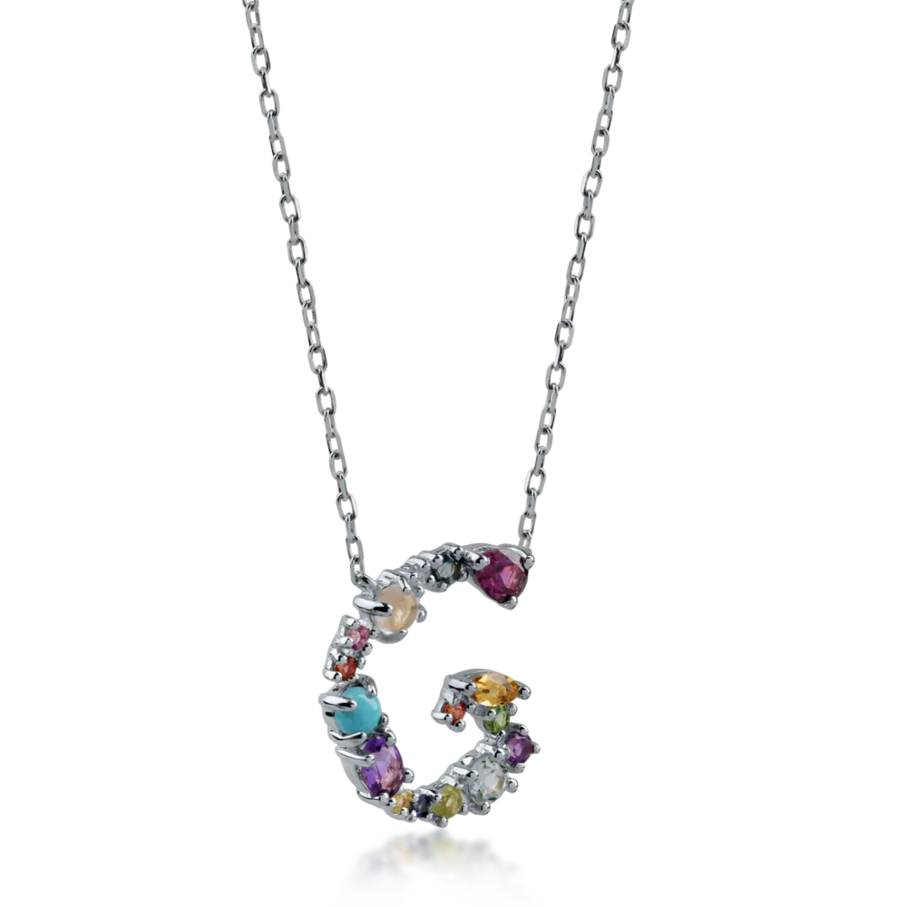 Lant cu pandantiv initiala G din aur alb cu pietre pretioase si semipretioase de 1.1ct - imagine 2