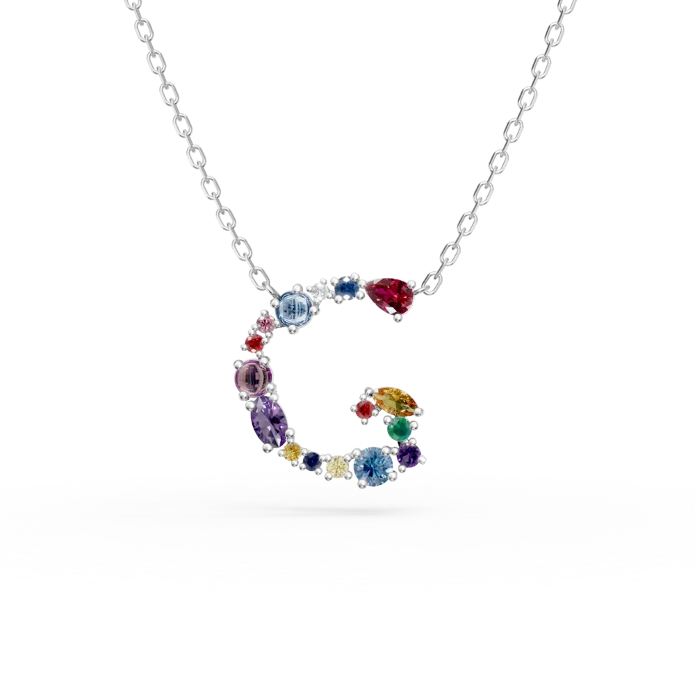 Lant cu pandantiv initiala G din aur alb cu pietre pretioase si semipretioase de 1.2ct