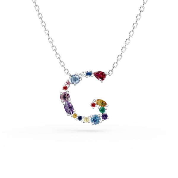 Lant cu pandantiv initiala G din aur alb cu pietre pretioase si semipretioase de 1.2ct