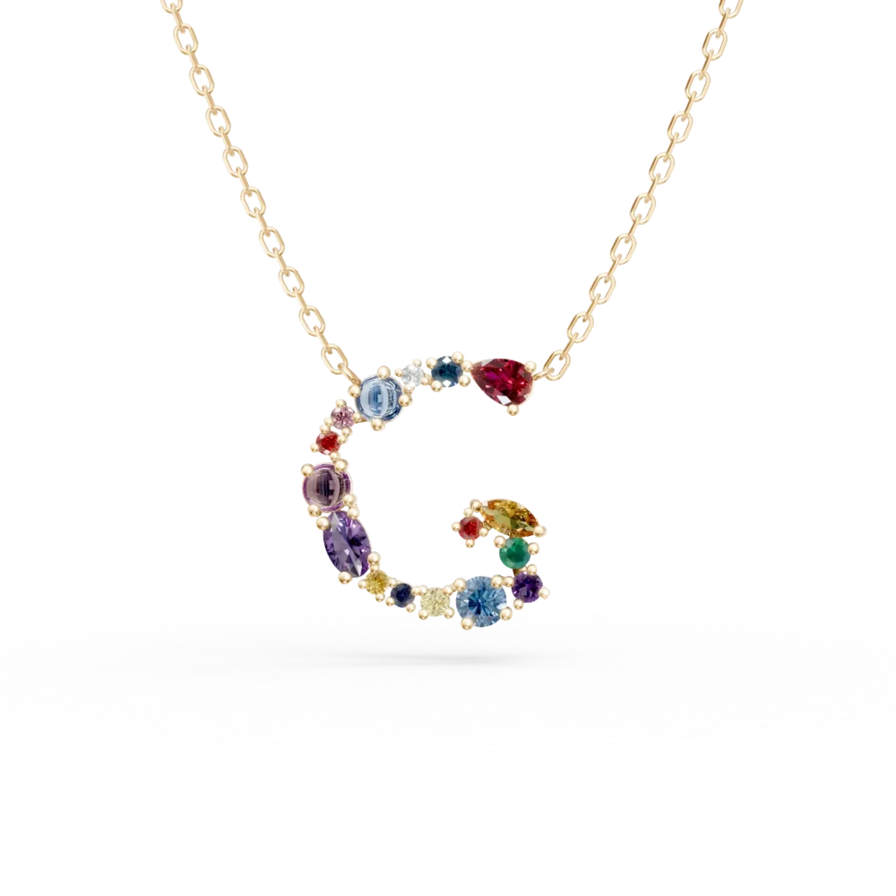 Lant cu pandantiv initiala G din aur galben cu pietre pretioase si semipretioase de 1.2ct