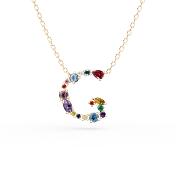 Lant cu pandantiv initiala G din aur galben cu pietre pretioase si semipretioase de 1.2ct
