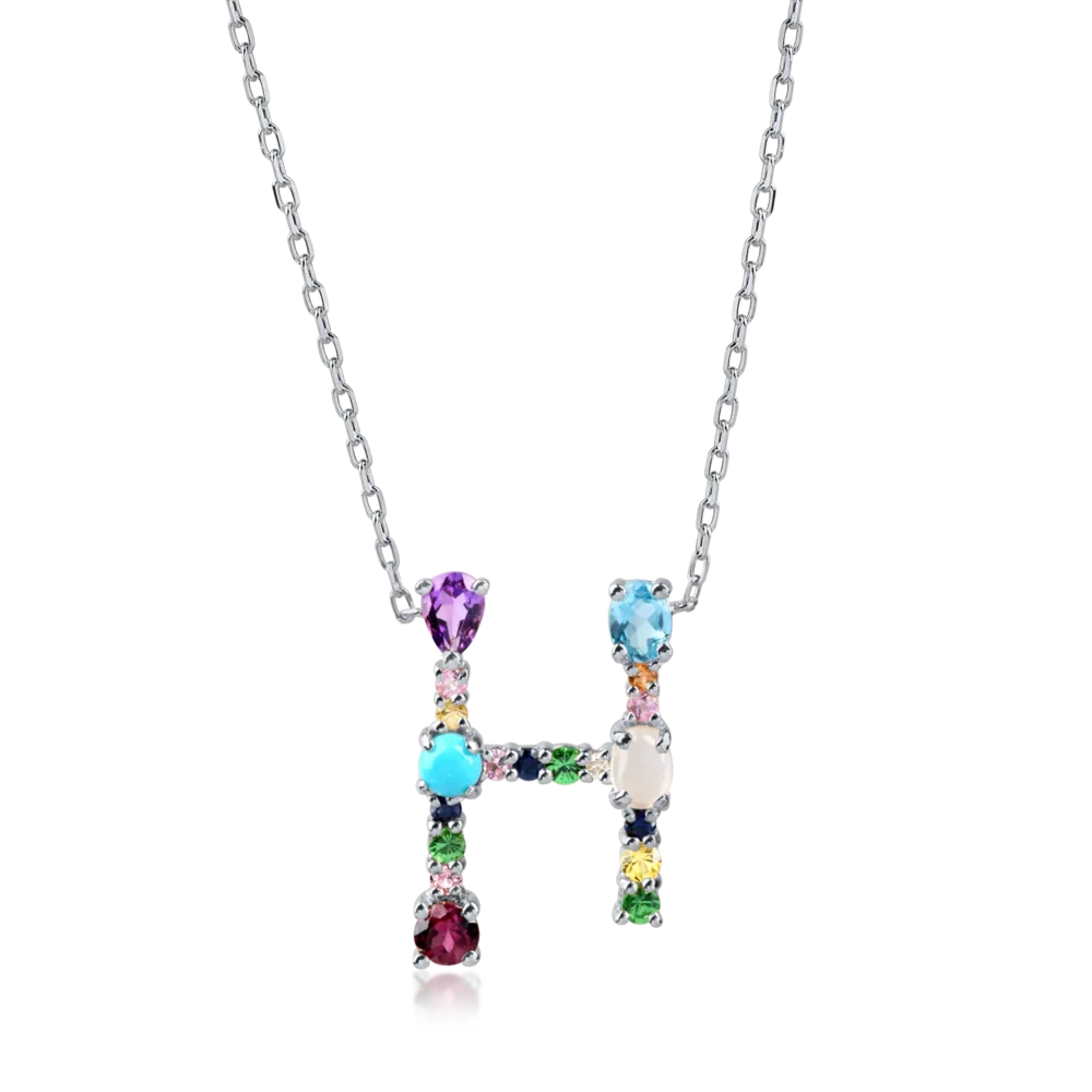 Lant cu pandantiv initiala H din aur alb cu pietre pretioase si semipretioase de 0.9ct