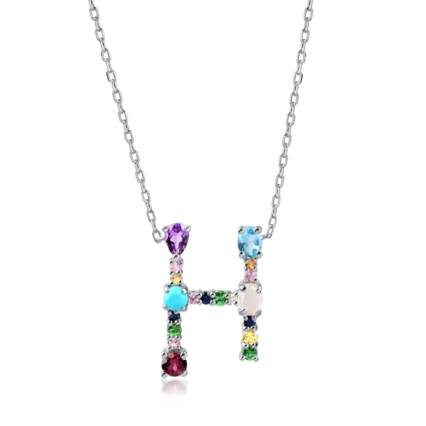 Lant cu pandantiv initiala H din aur alb cu pietre pretioase si semipretioase de 0.9ct