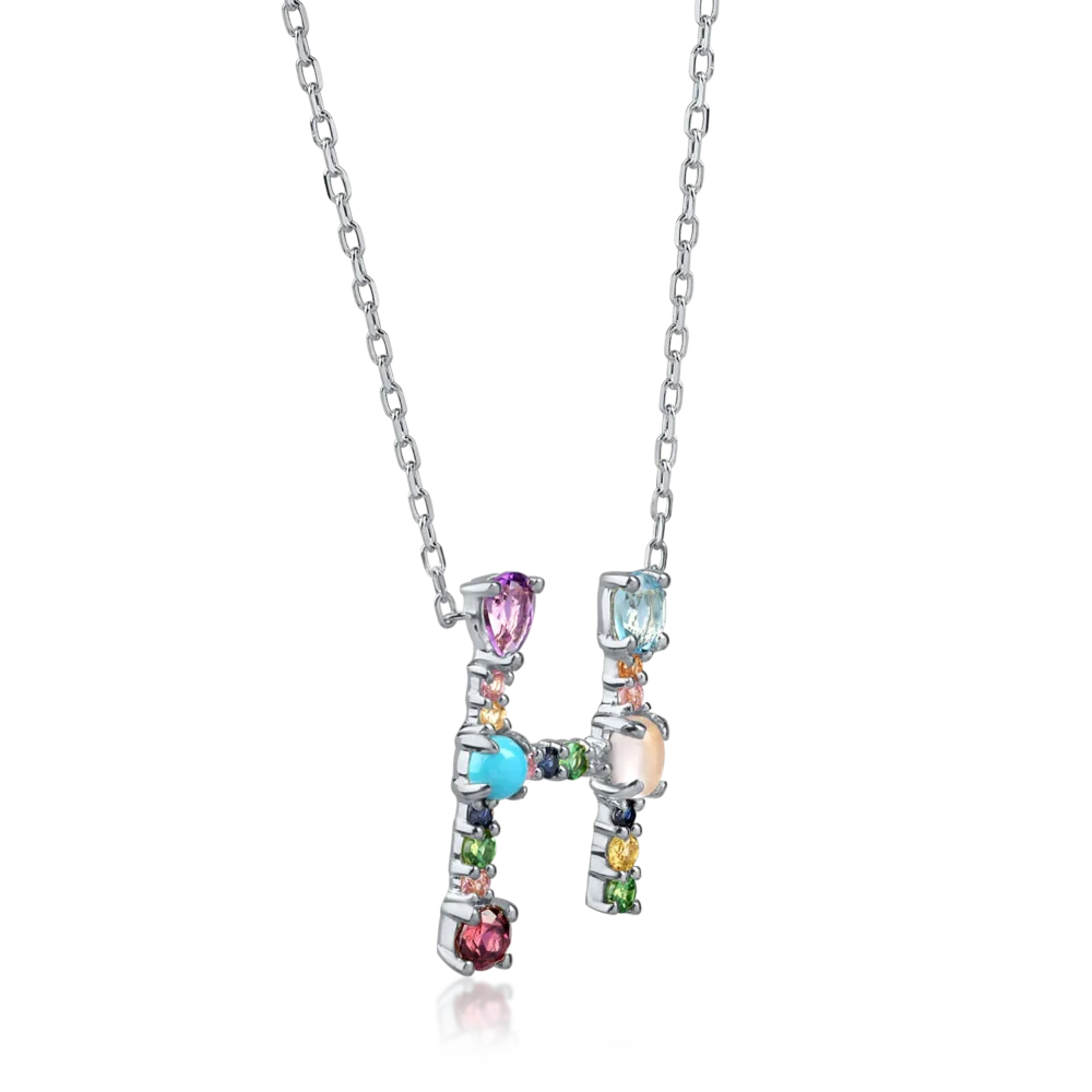 Lant cu pandantiv initiala H din aur alb cu pietre pretioase si semipretioase de 0.9ct - imagine 2