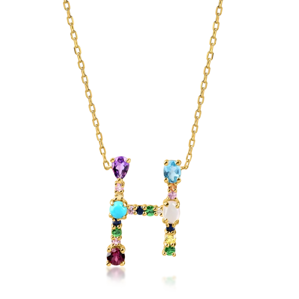 Lant cu pandantiv initiala H din aur galben cu pietre pretioase si semipretioase de 0.9ct