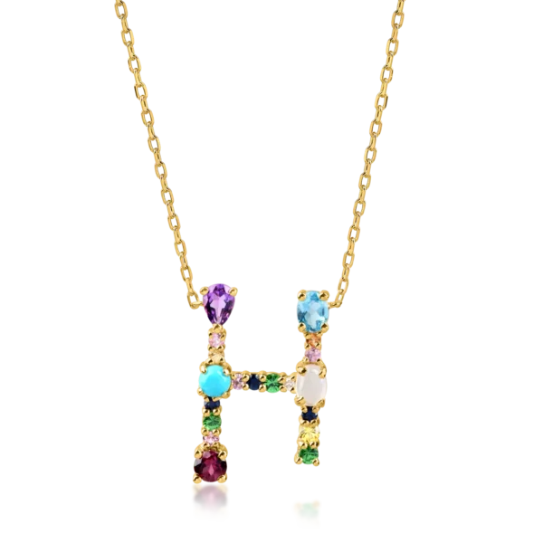 Lant cu pandantiv initiala H din aur galben cu pietre pretioase si semipretioase de 0.9ct