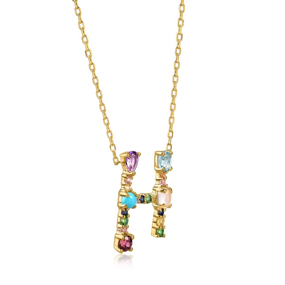 Lant cu pandantiv initiala H din aur galben cu pietre pretioase si semipretioase de 0.9ct - imagine 2