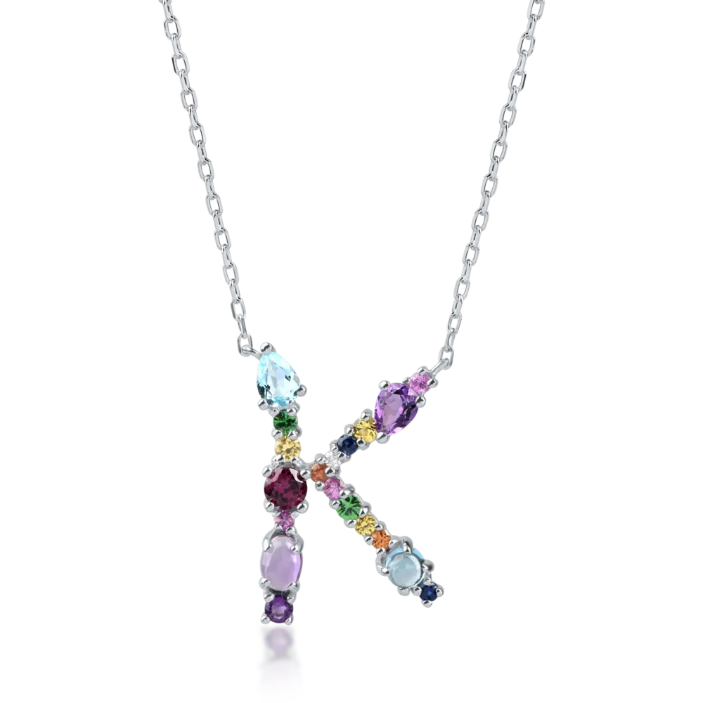 Lant cu pandantiv initiala K din aur alb cu pietre pretioase si semipretioase de 2.2ct