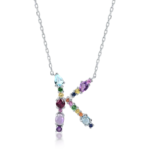 Lant cu pandantiv initiala K din aur alb cu pietre pretioase si semipretioase de 2.2ct