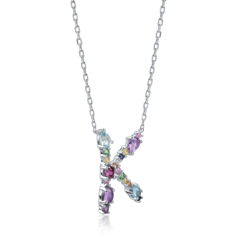 Lant cu pandantiv initiala K din aur alb cu pietre pretioase si semipretioase de 2.2ct - imagine 2