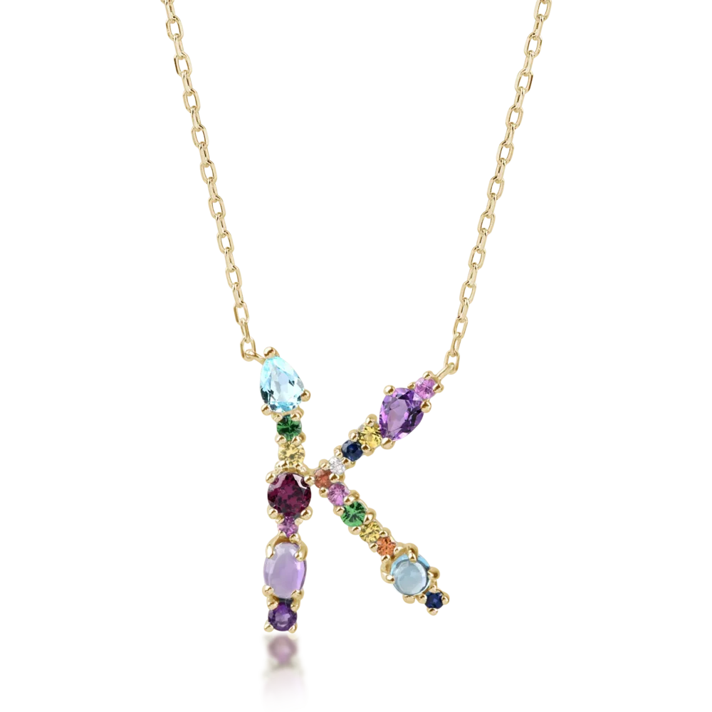 Lant cu pandantiv initiala K din aur galben cu pietre pretioase si semipretioase de 2.2ct