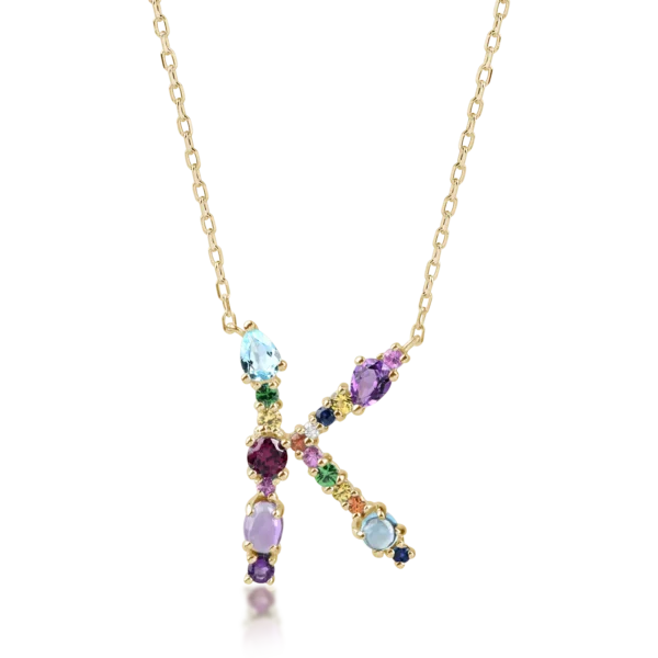 Lant cu pandantiv initiala K din aur galben cu pietre pretioase si semipretioase de 2.2ct