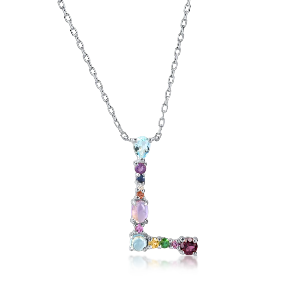 Lant cu pandantiv initiala L din aur alb cu pietre pretioase si semipretioase de 0.9ct