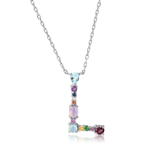 Lant cu pandantiv initiala L din aur alb cu pietre pretioase si semipretioase de 0.9ct