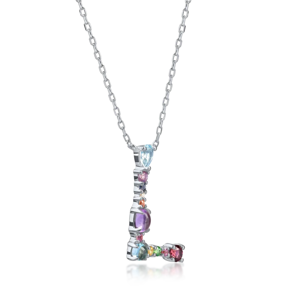 Lant cu pandantiv initiala L din aur alb cu pietre pretioase si semipretioase de 0.9ct - imagine 2