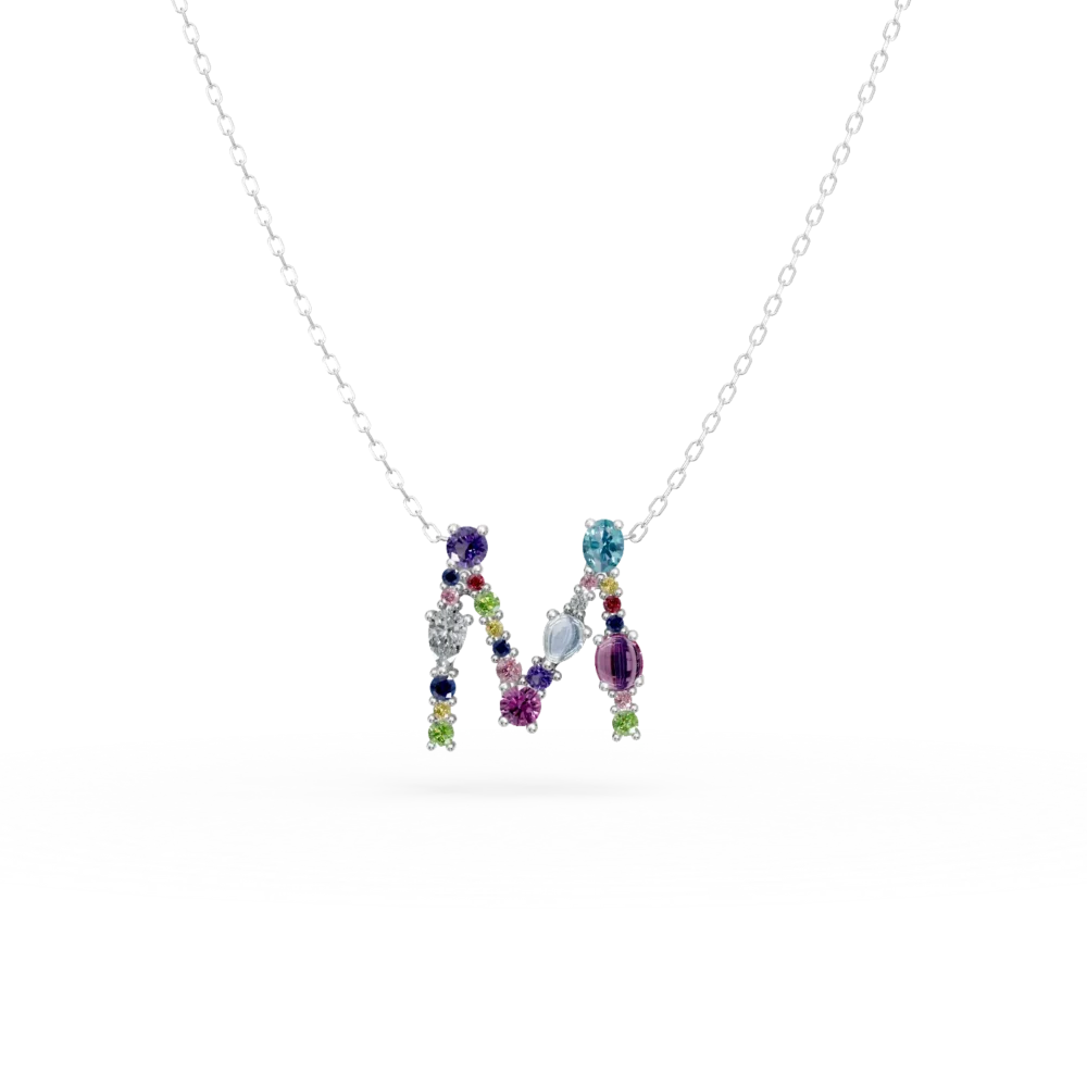 Lant cu pandantiv initiala M din aur alb cu pietre pretioase si semipretioase de 1.6ct