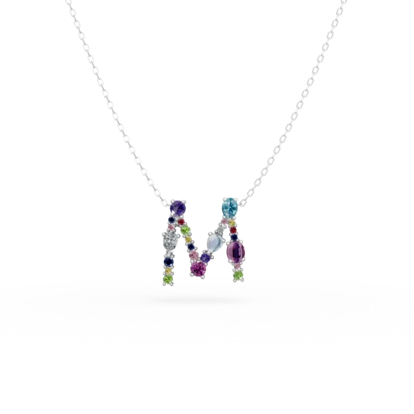 Lant cu pandantiv initiala M din aur alb cu pietre pretioase si semipretioase de 1.6ct