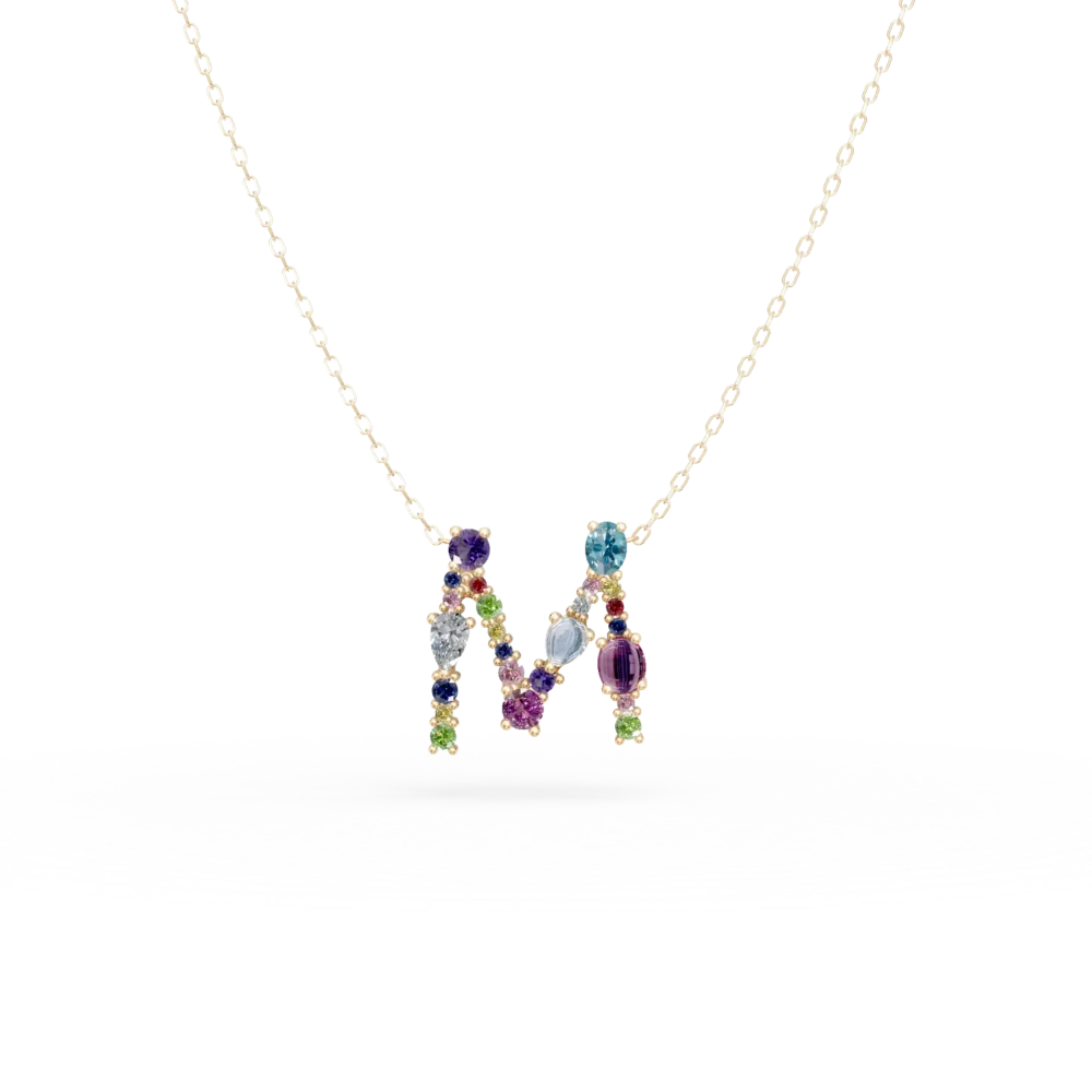 Lant cu pandantiv initiala M din aur galben cu pietre pretioase si semipretioase de 1.6ct