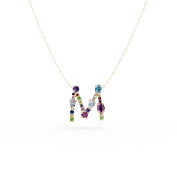 Lant cu pandantiv initiala M din aur galben cu pietre pretioase si semipretioase de 1.6ct