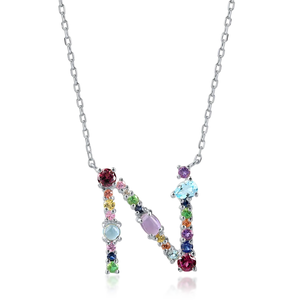 Lant cu pandantiv initiala N din aur alb cu pietre pretioase si semipretioase de 1.4ct