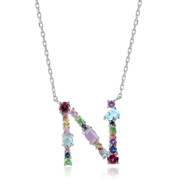 Lant cu pandantiv initiala N din aur alb cu pietre pretioase si semipretioase de 1.4ct