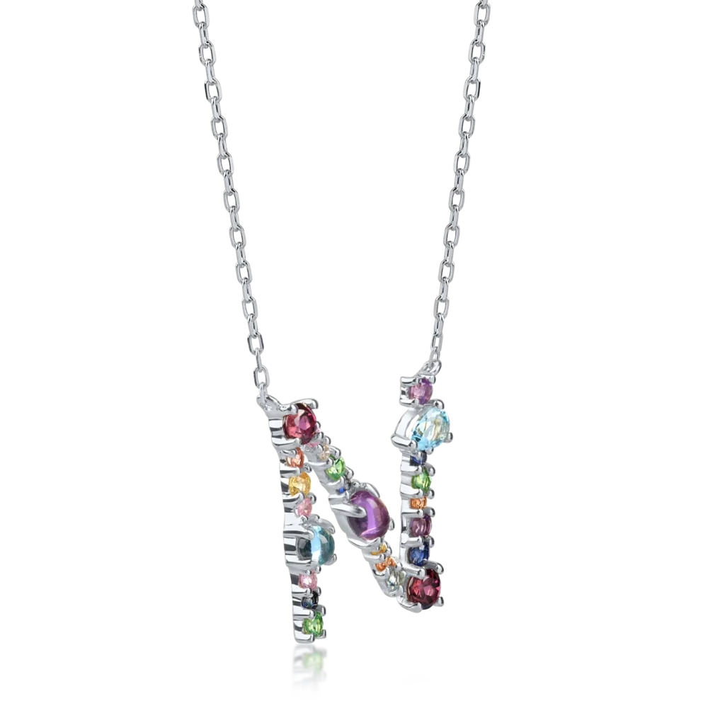 Lant cu pandantiv initiala N din aur alb cu pietre pretioase si semipretioase de 1.4ct - imagine 2