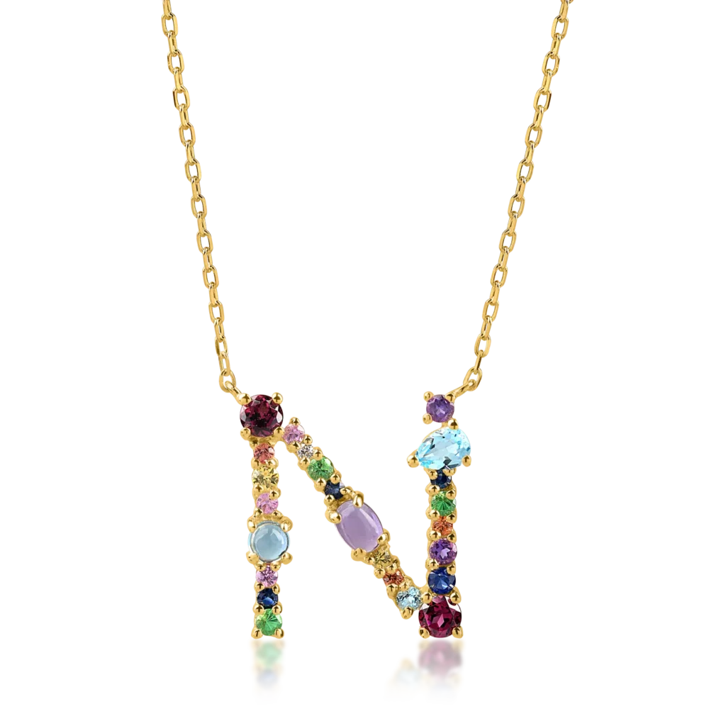 Lant cu pandantiv initiala N din aur galben cu pietre pretioase si semipretioase de 1.4ct