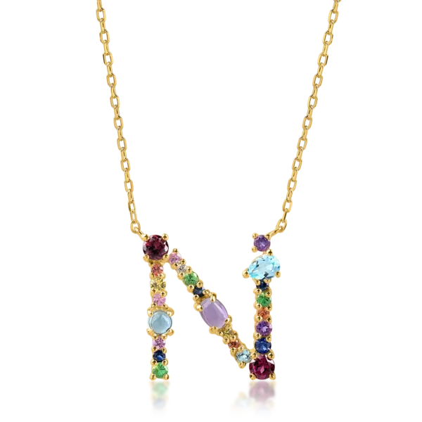 Lant cu pandantiv initiala N din aur galben cu pietre pretioase si semipretioase de 1.4ct