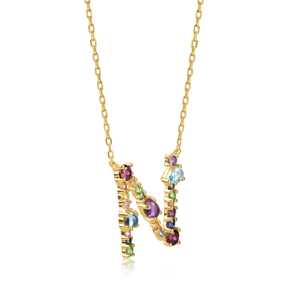 Lant cu pandantiv initiala N din aur galben cu pietre pretioase si semipretioase de 1.4ct - imagine 2