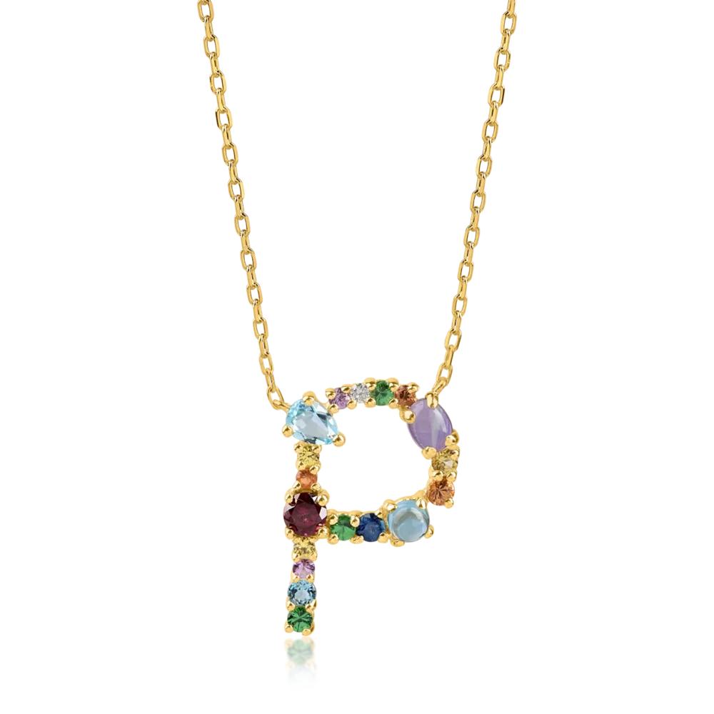 Lant cu pandantiv initiala P din aur galben cu pietre pretioase si semipretioase de 1.09ct