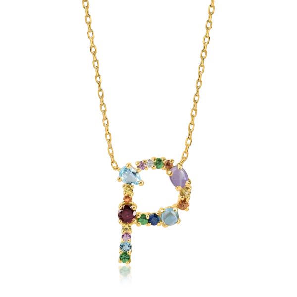 Lant cu pandantiv initiala P din aur galben cu pietre pretioase si semipretioase de 1.09ct