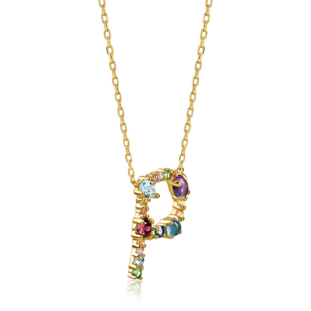 Lant cu pandantiv initiala P din aur galben cu pietre pretioase si semipretioase de 1.09ct - imagine 2