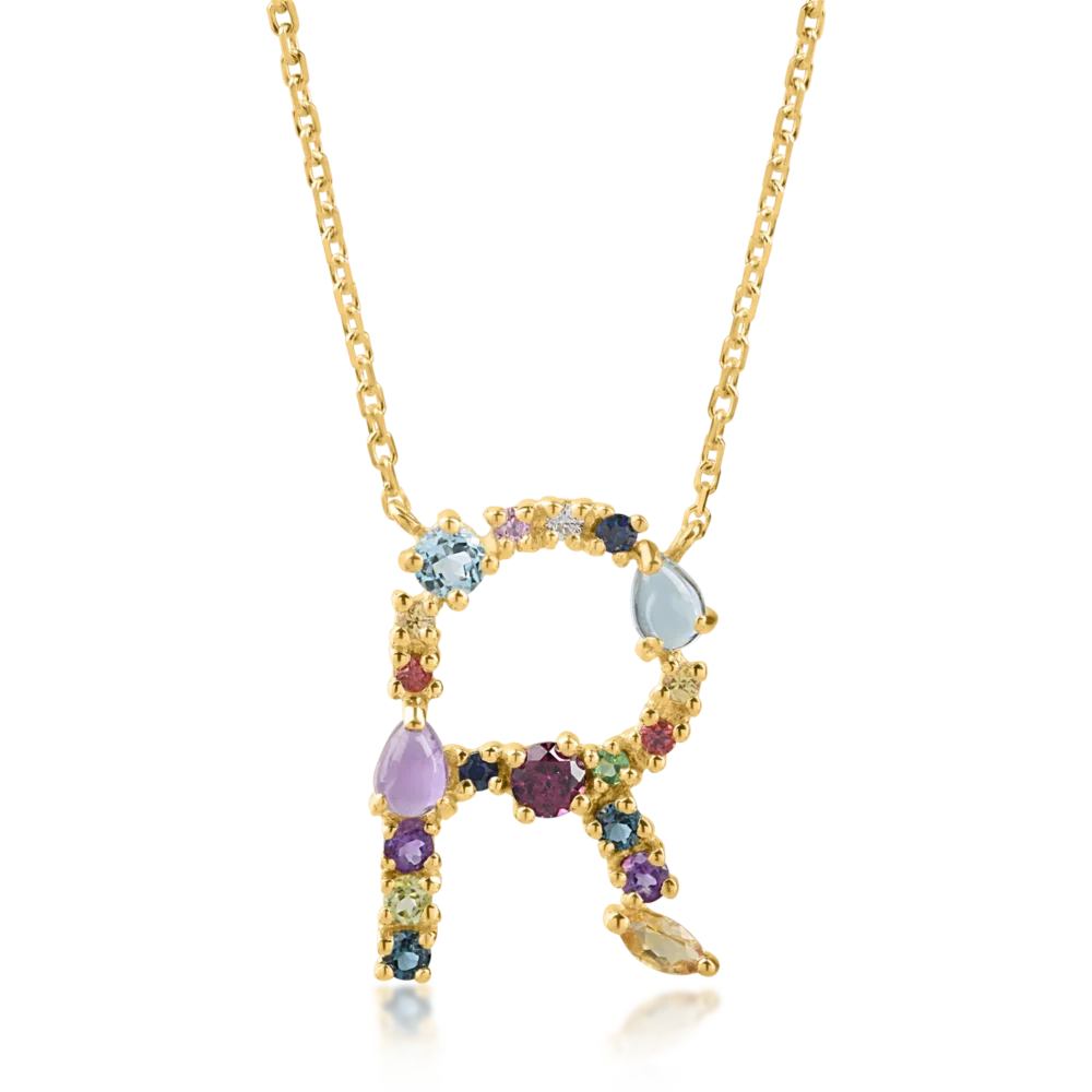 Lant cu pandantiv initiala R din aur galben cu pietre pretioase si semipretioase de 1.2ct