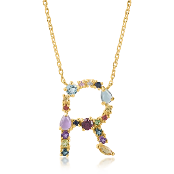 Lant cu pandantiv initiala R din aur galben cu pietre pretioase si semipretioase de 1.2ct