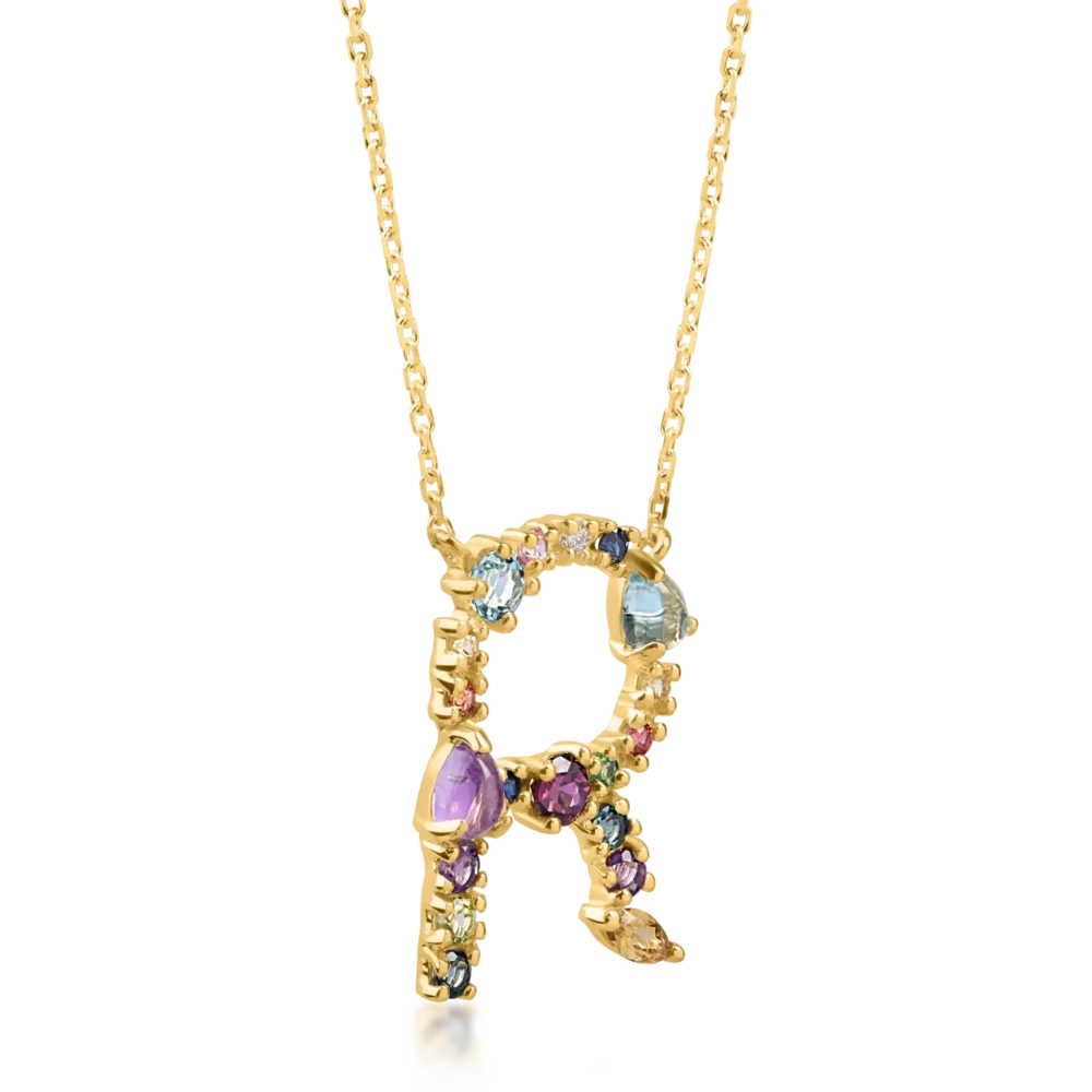 Lant cu pandantiv initiala R din aur galben cu pietre pretioase si semipretioase de 1.2ct - imagine 2