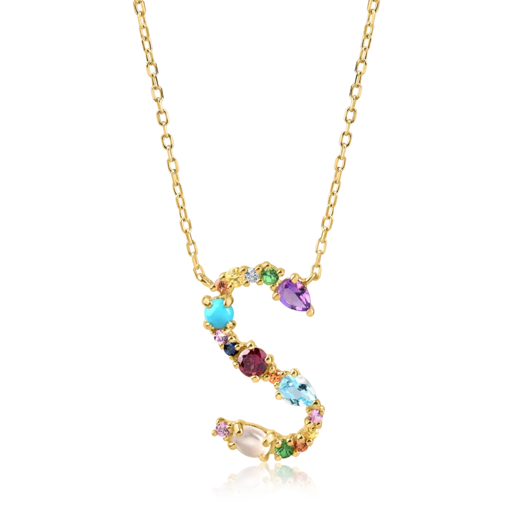 Lant cu pandantiv initiala S din aur galben cu pietre pretioase si semipretioase de 1.1ct