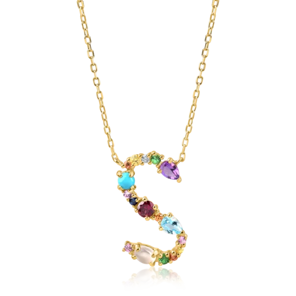 Lant cu pandantiv initiala S din aur galben cu pietre pretioase si semipretioase de 1.1ct