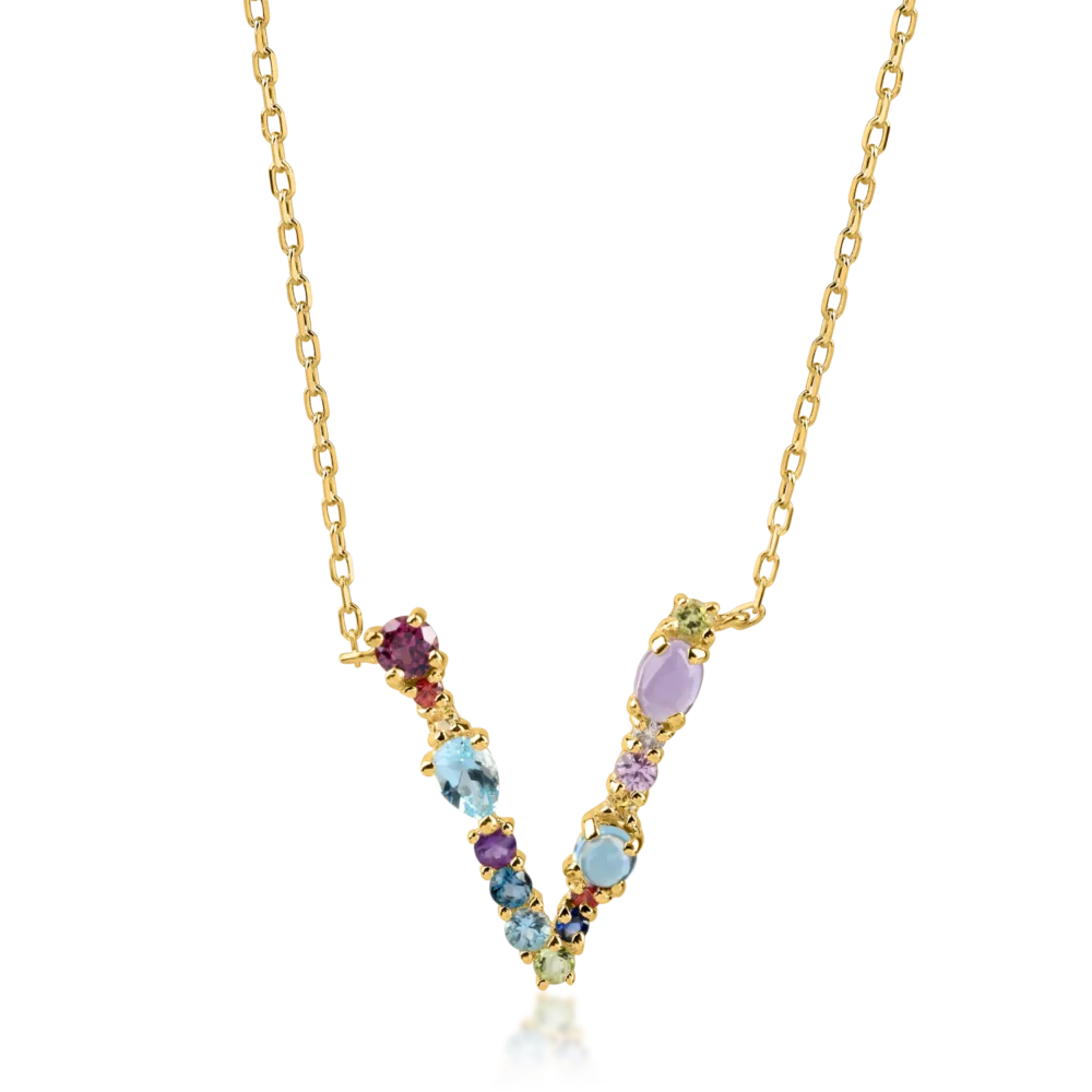 Lant cu pandantiv initiala V din aur galben cu pietre pretioase si semipretioase de 1.1ct