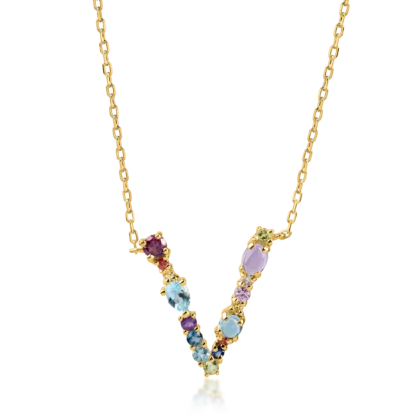 Lant cu pandantiv initiala V din aur galben cu pietre pretioase si semipretioase de 1.1ct