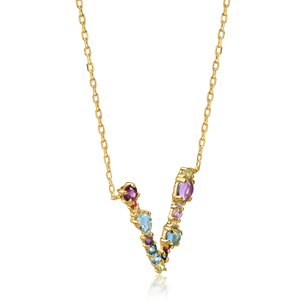 Lant cu pandantiv initiala V din aur galben cu pietre pretioase si semipretioase de 1.1ct - imagine 2