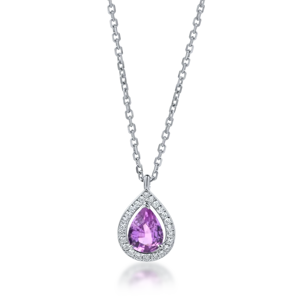 Lant cu pandantiv lacrima din aur alb cu safir roz si diamante de 0.8ct